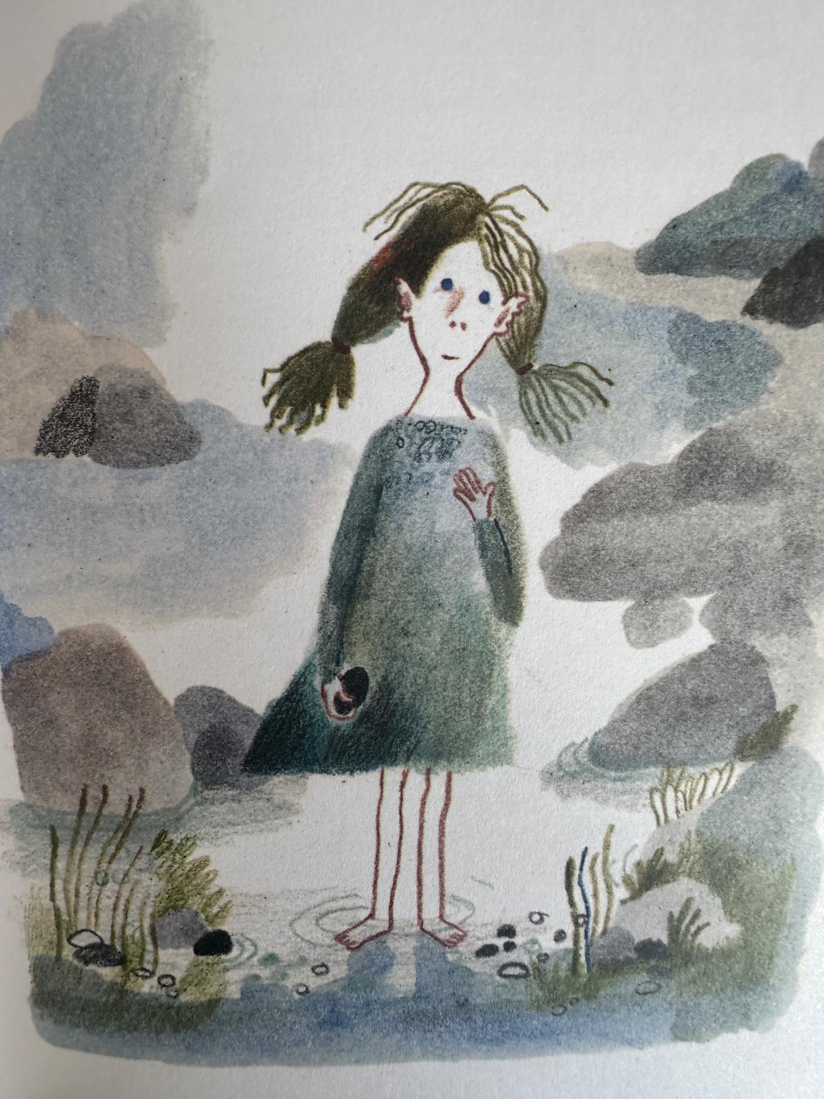 Ilustración de Beatrice Alemagna de Annie Lumsden recogiendo piedras y conchas entre las rocas de la orilla del mar